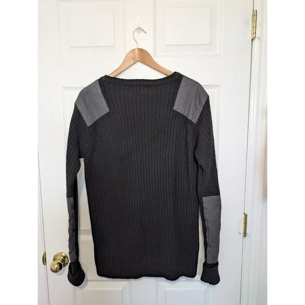 LL Bean Sweater Mens Large Black Commando Merino Wool Ribbed Knit Elbow Patches